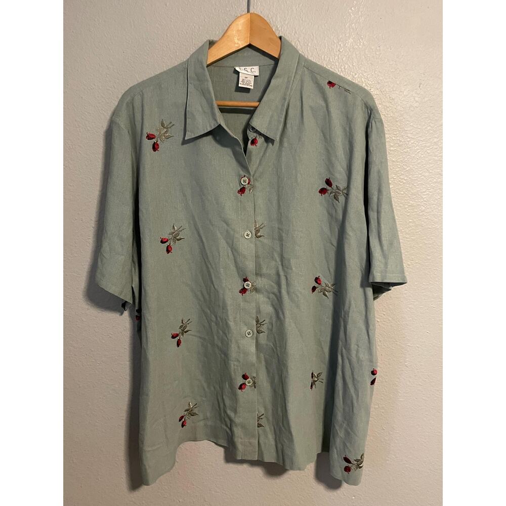 Vintage ISC Top Womens 2X Green Floral Embroidered Linen Blend Cottagecore 90s